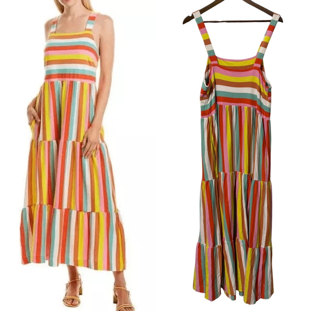 J.Crew Dress Womens L Maxi Tiered Cotton Striped Rainbow Multicolor Pockets